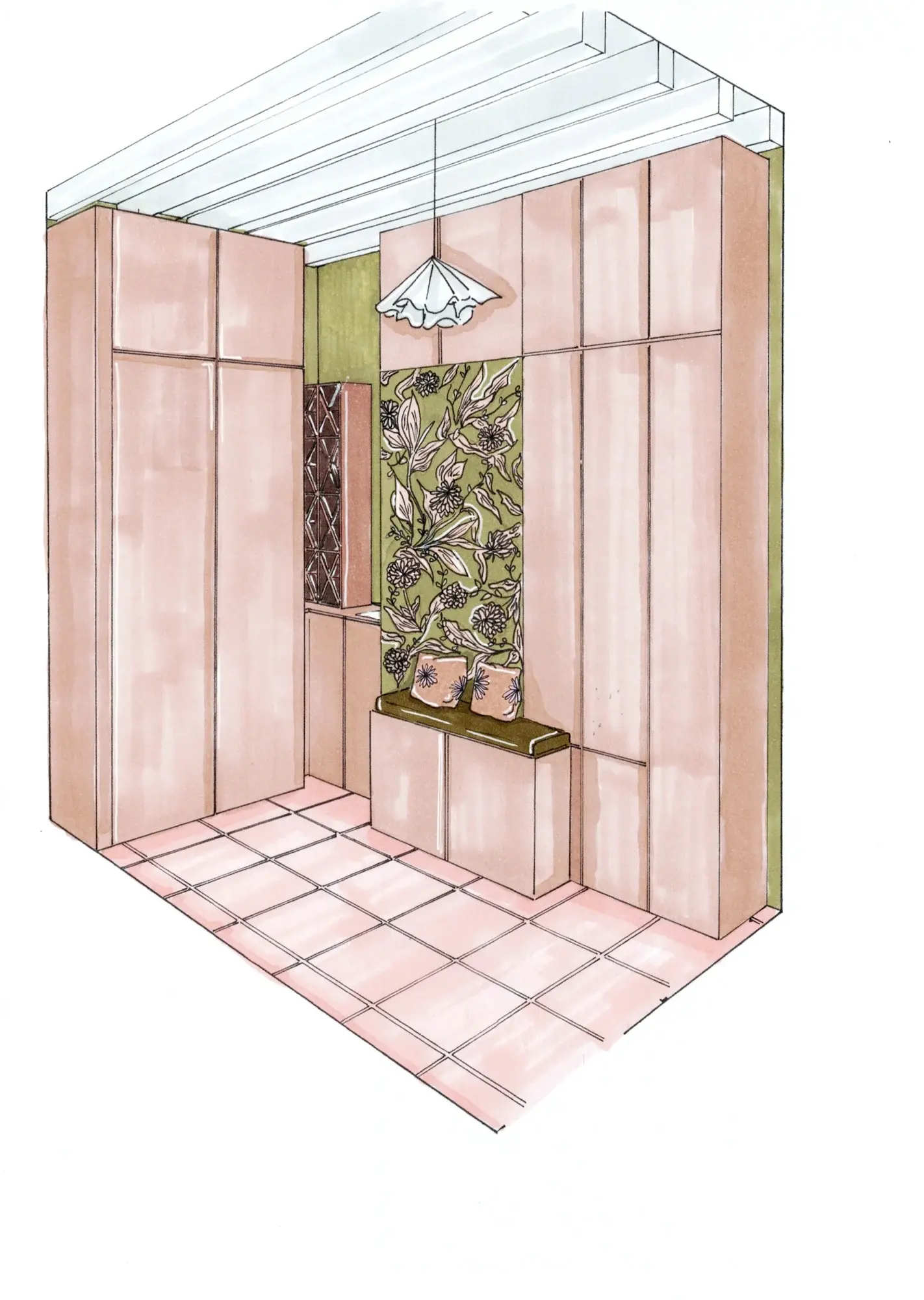 Dessin en perspective de la buanderie, mis en couleur à la main