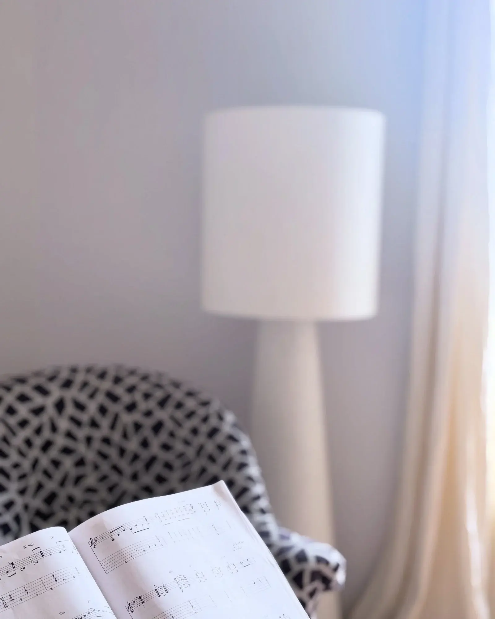 Lampadaire blanc et fauteuil à motifs, un livre ouvert