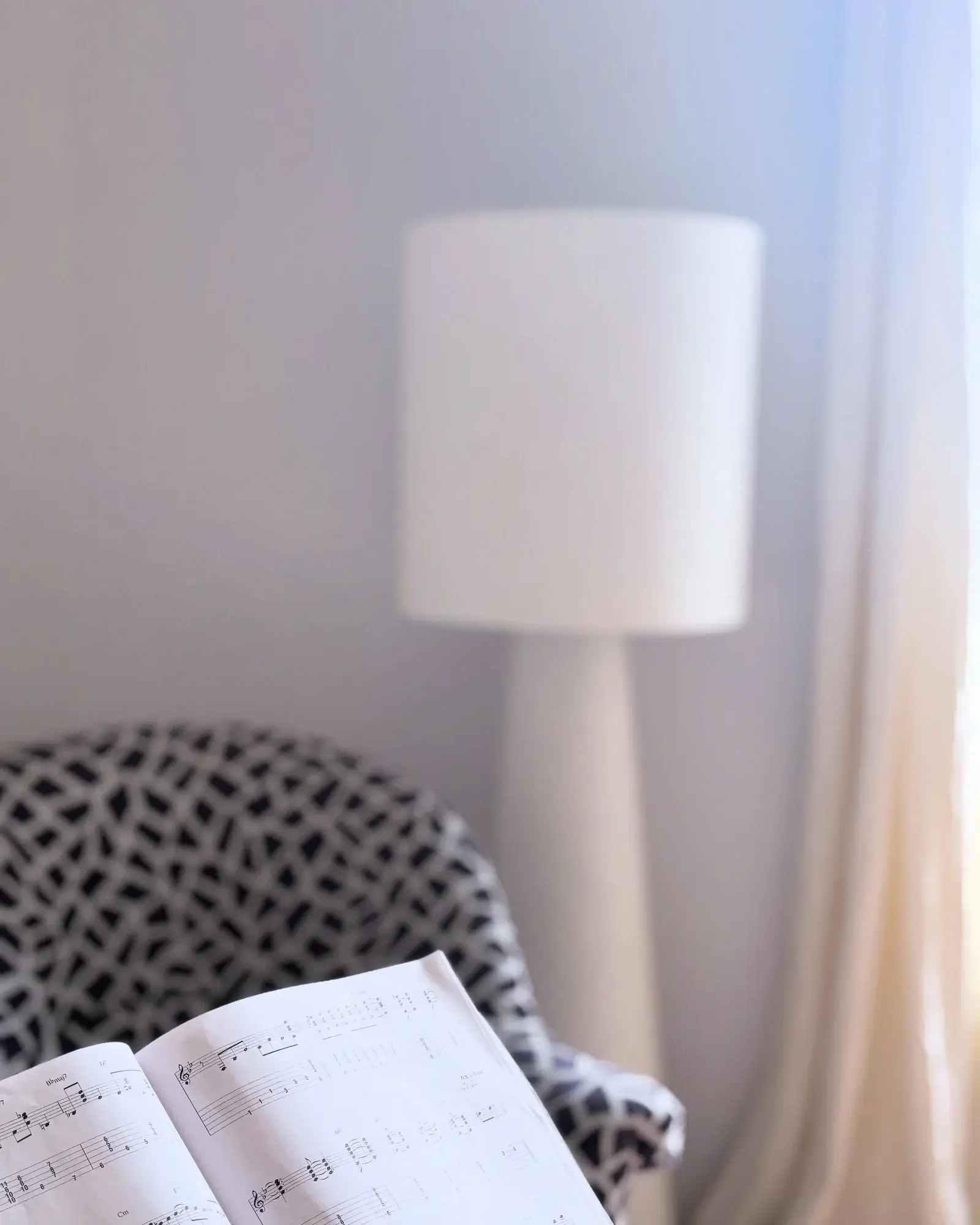 Lampadaire blanc et fauteuil à motifs, un livre ouvert